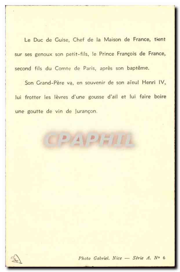 Le Duc de Guise, le Comte de Paris, les Princesses Isabelle et Hélène Astrid après le baptême du Prince François de France — Photo Gabriel, Nice, Série A N° 6 — Verso