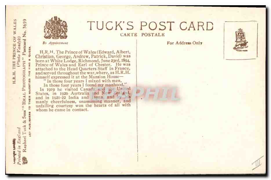 H.R.H. The Prince of Wales — en uniforme militaire — Tuck's Post Card No. 3659 — Reverso