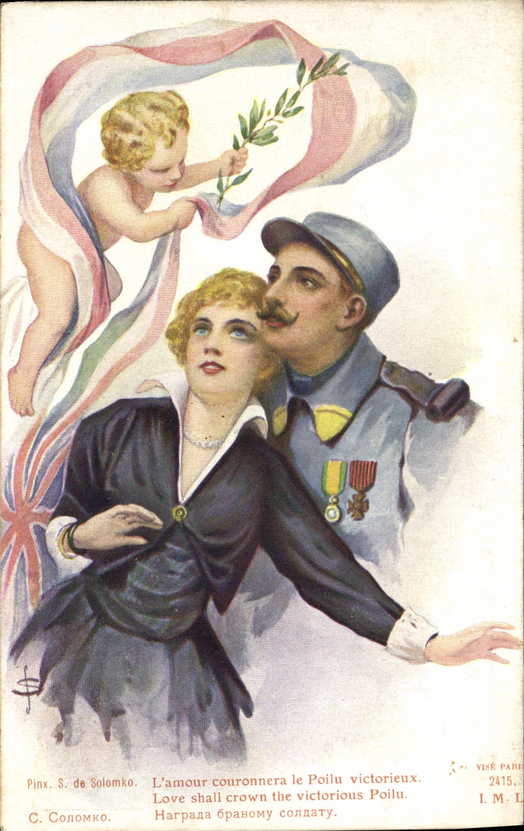 CPA Militaria Medaille S de Solomko L'amour couronnera le poilu victorieux