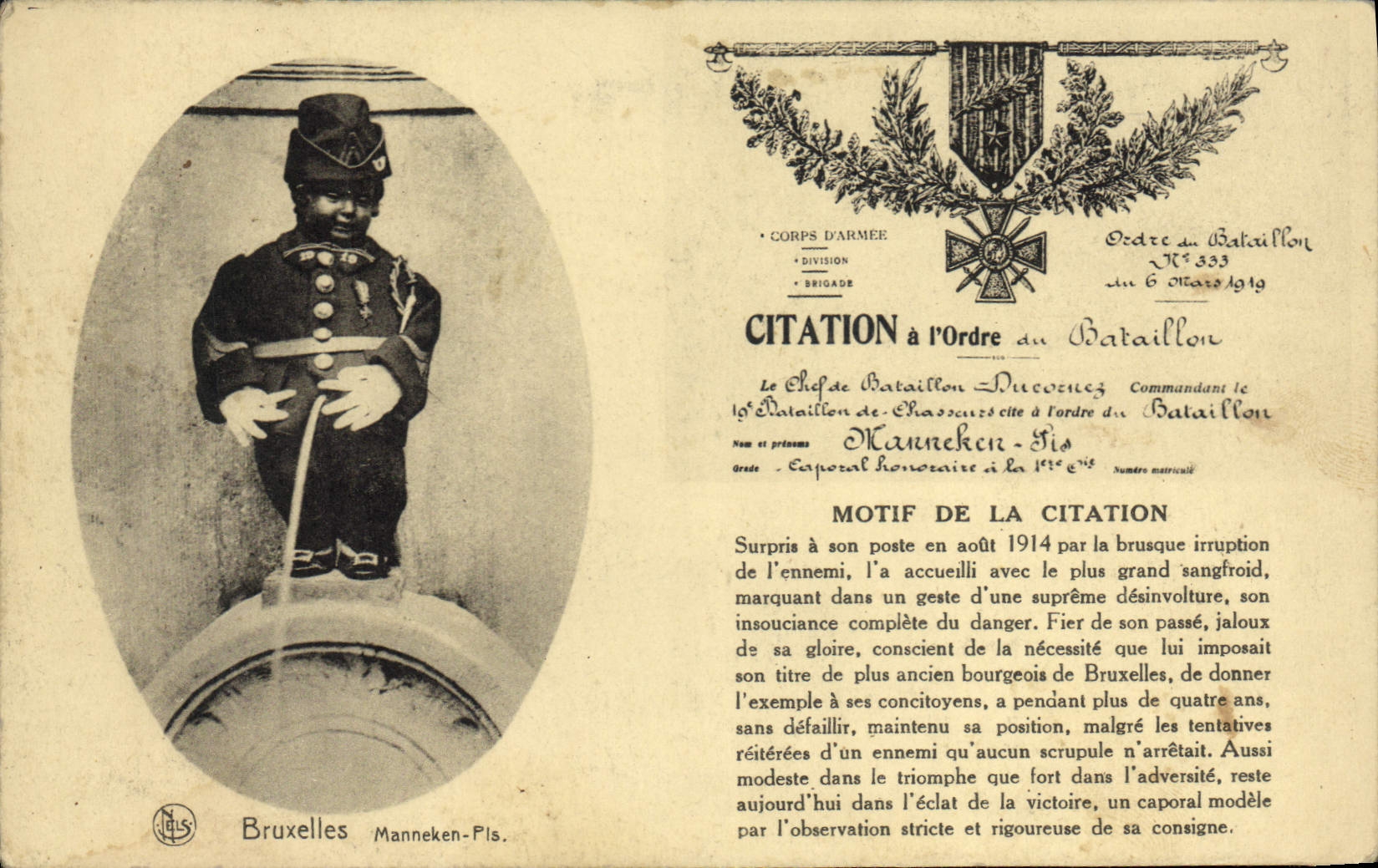 Caporal Manneken-Pis — Citation à l'Ordre du Bataillon — Bruxelles