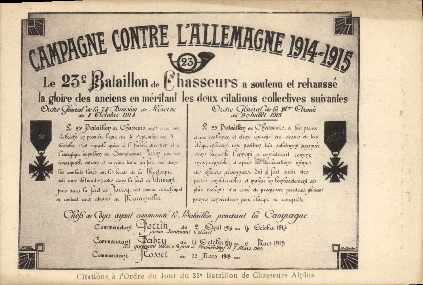 CPA Militaria Medaille Campagne contre l'Allemagne Citations 23eme bataillon des Chasseurs Alpins
