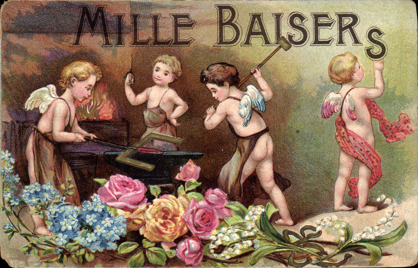 CPA Fantaisie Ange Anges Lettre E Mille baisers Forgeron
