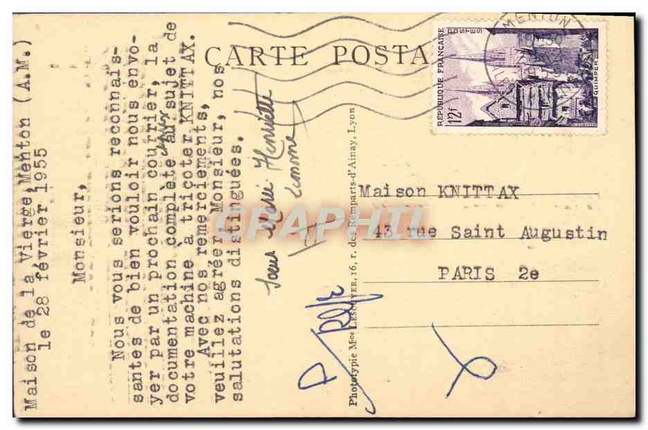 Petites Servantes du Sacré-Cœur, Missionnaires Catéchistes des Noirs — MENTON (A.-M.) — Verso