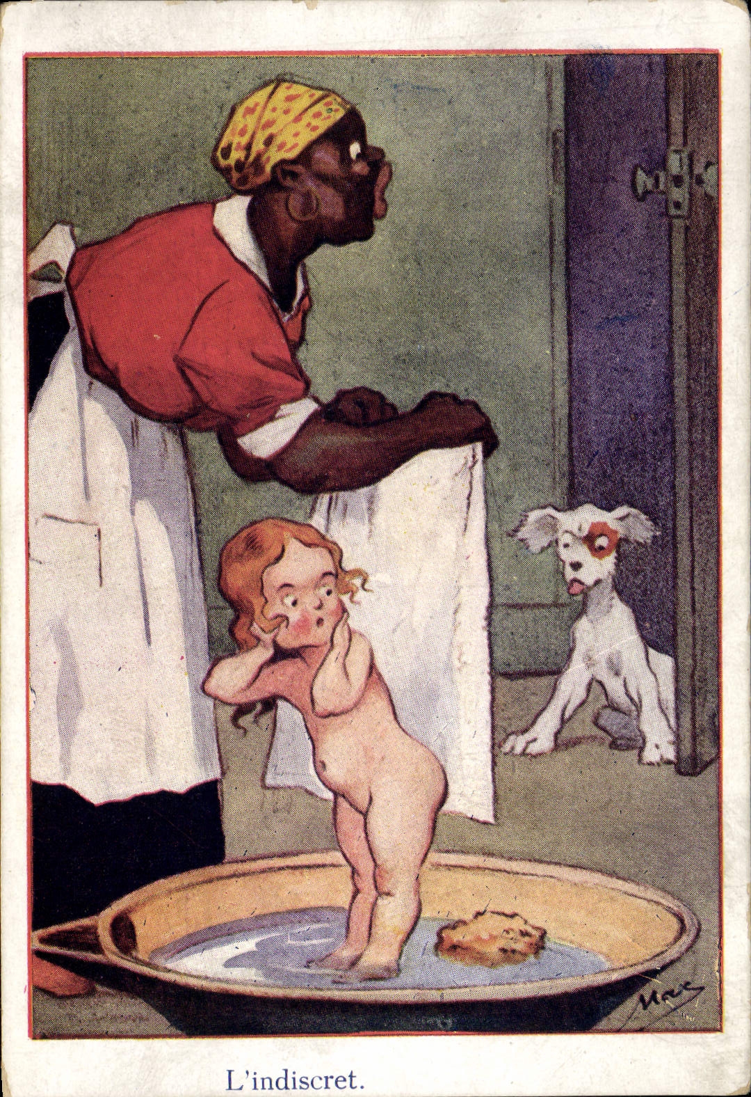 L'indiscret. — Sujet : femme noire lavant un enfant, chien curieux — dessin de Mac