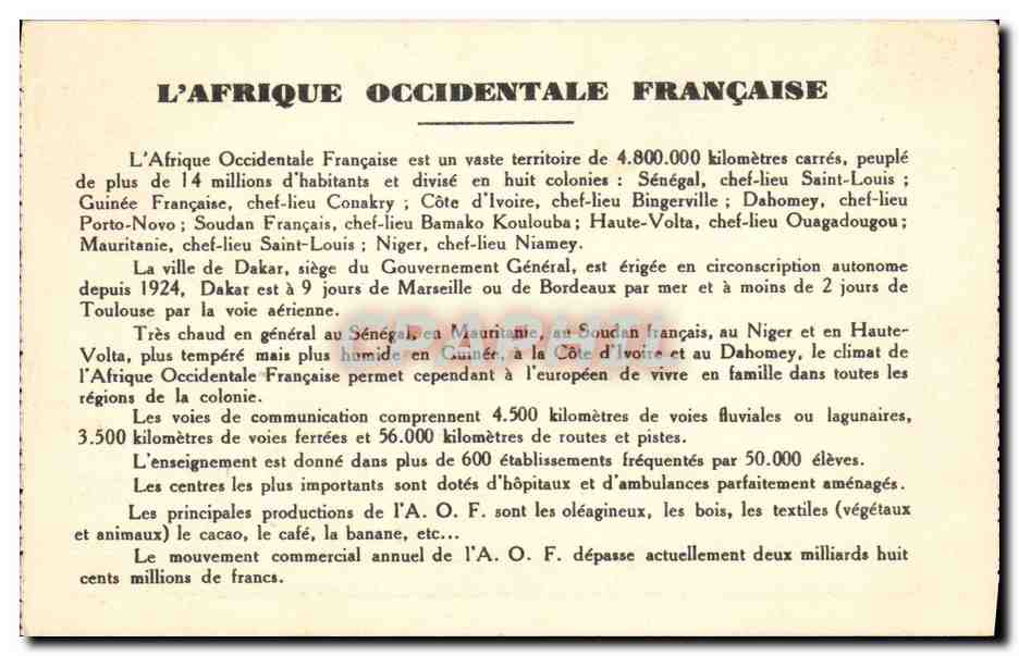CPA Afrique Occidentale Francaise AOF Niger Soudan Gold Coast Cote d'Ivoire  — Rückseite