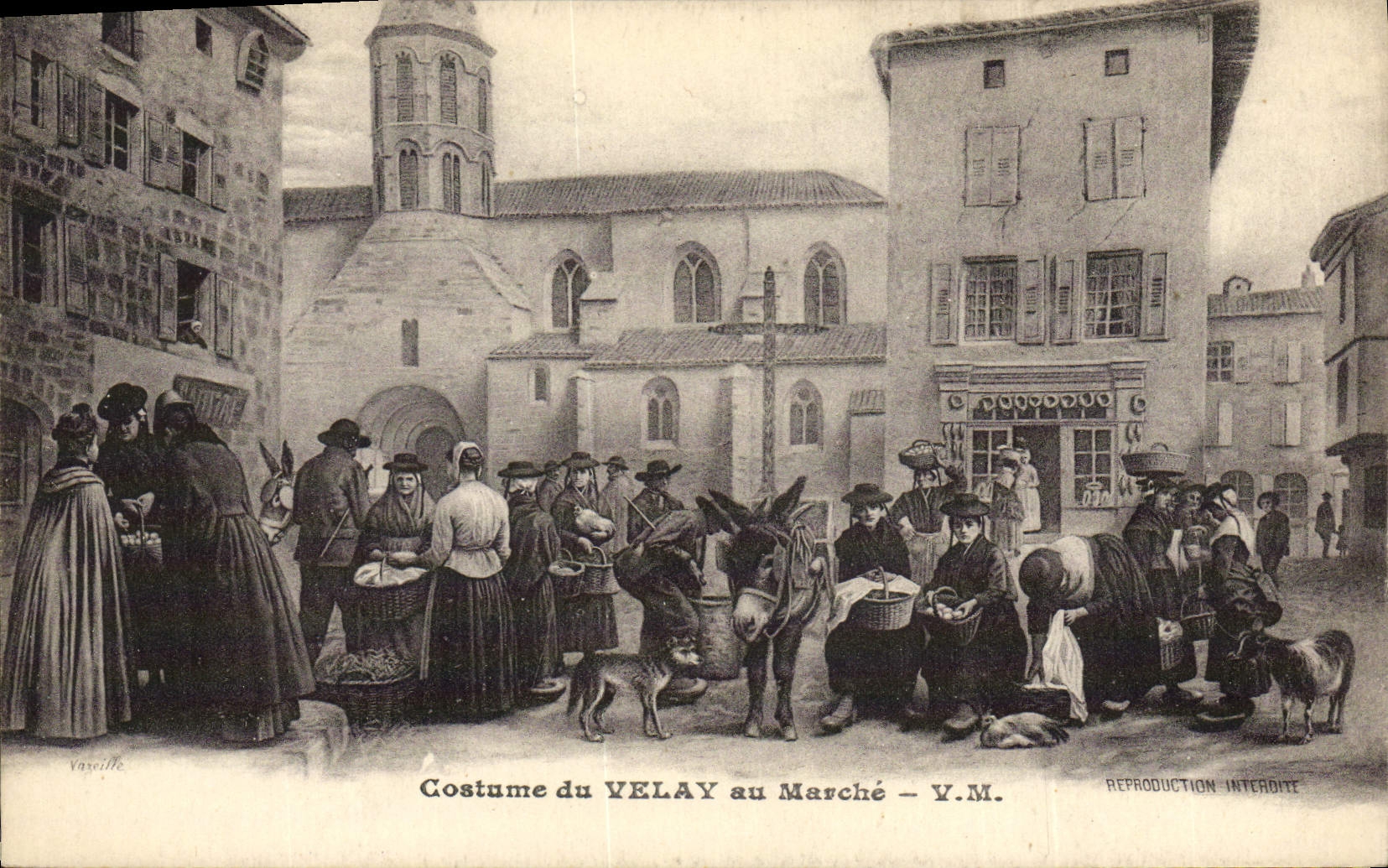 CPA Folklore Costume du Velay au marche Ane Mule
