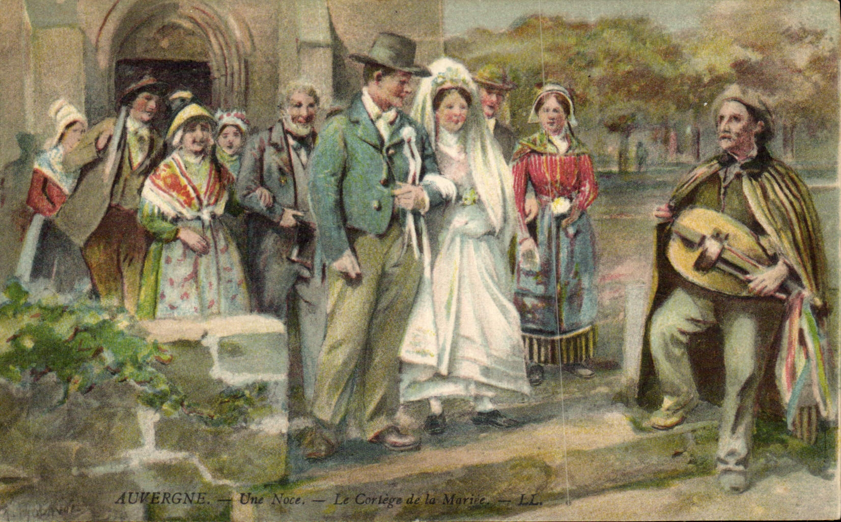 CPA Folklore Auvergne Une noce Le cortege de la mariee Mariage