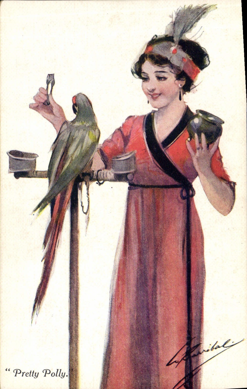 CPA Fantaisie Illustrateur Femme Perroquet Pretty Polly Oiseau