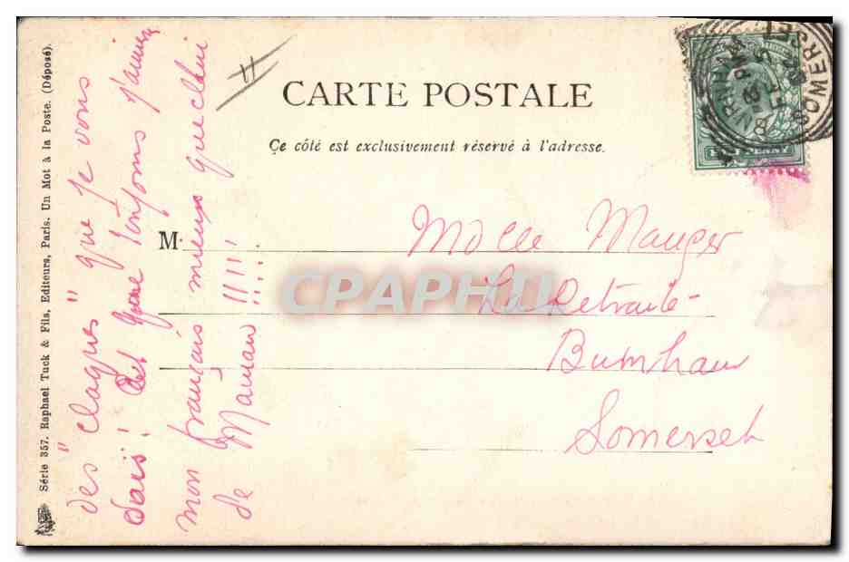 Sortie de S.M. le roi Edouard VII de la gare du Bois de Boulogne — Série 357, Raphael Tuck & Fils, Paris — Verso
