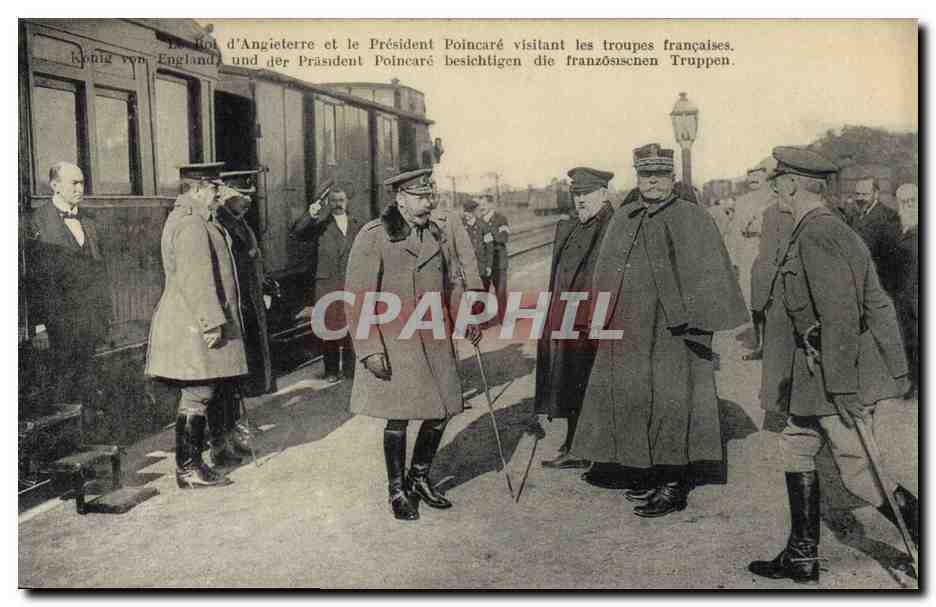 Le Roi d'Angleterre et le Président Poincaré visitant les troupes françaises — édition multilingue