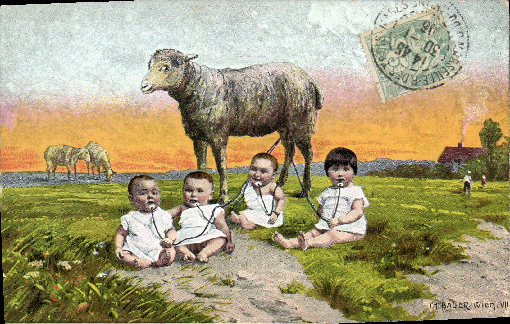 CPA Fantaise Enfants Bebes Moutons