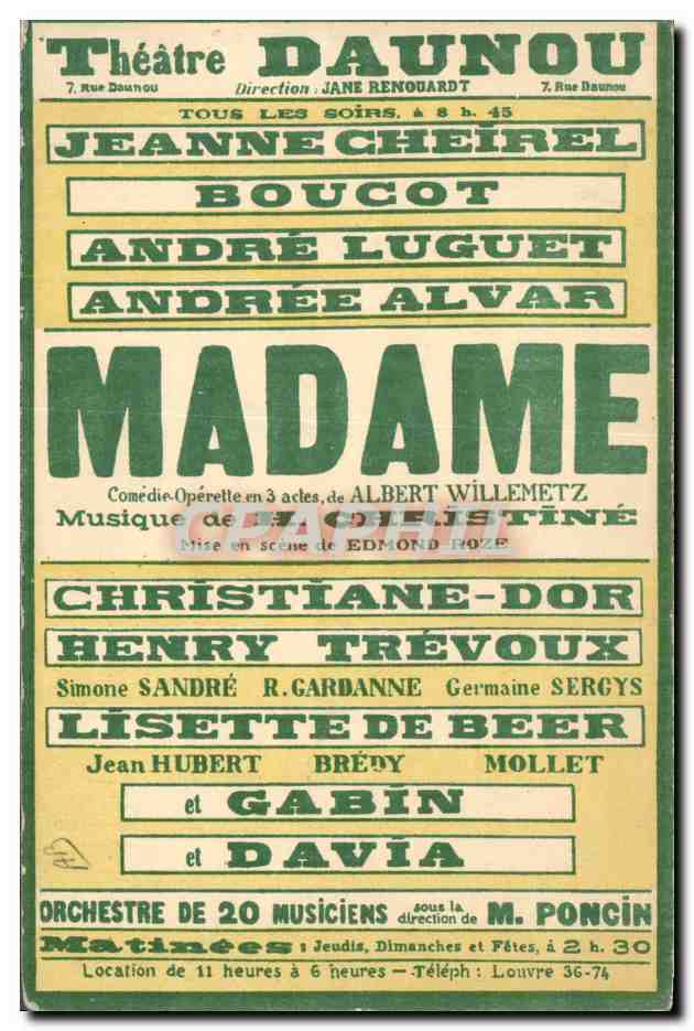 CPA Theatre Daunou Jeanne Cheirel Boucot Andre Luguet Andree Alvar Madame Albert Willemetz — Verso