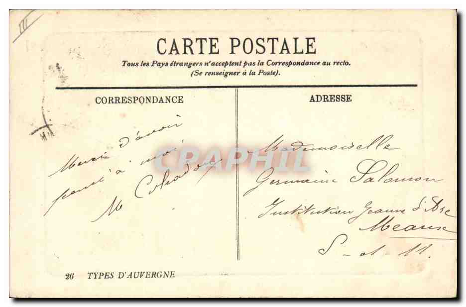 CPA Folklore Auvergne Costumes du pays  — Verso