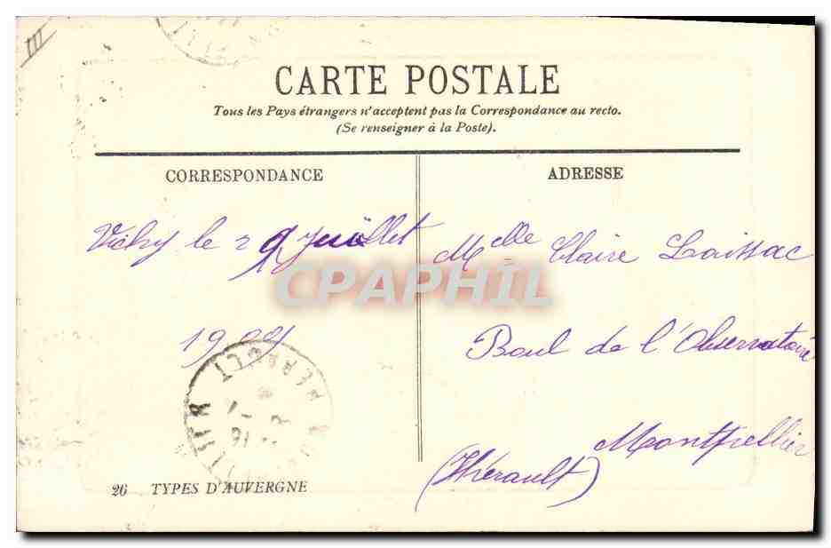 CPA Folklore Auvergne Costumes du pays  — Verso
