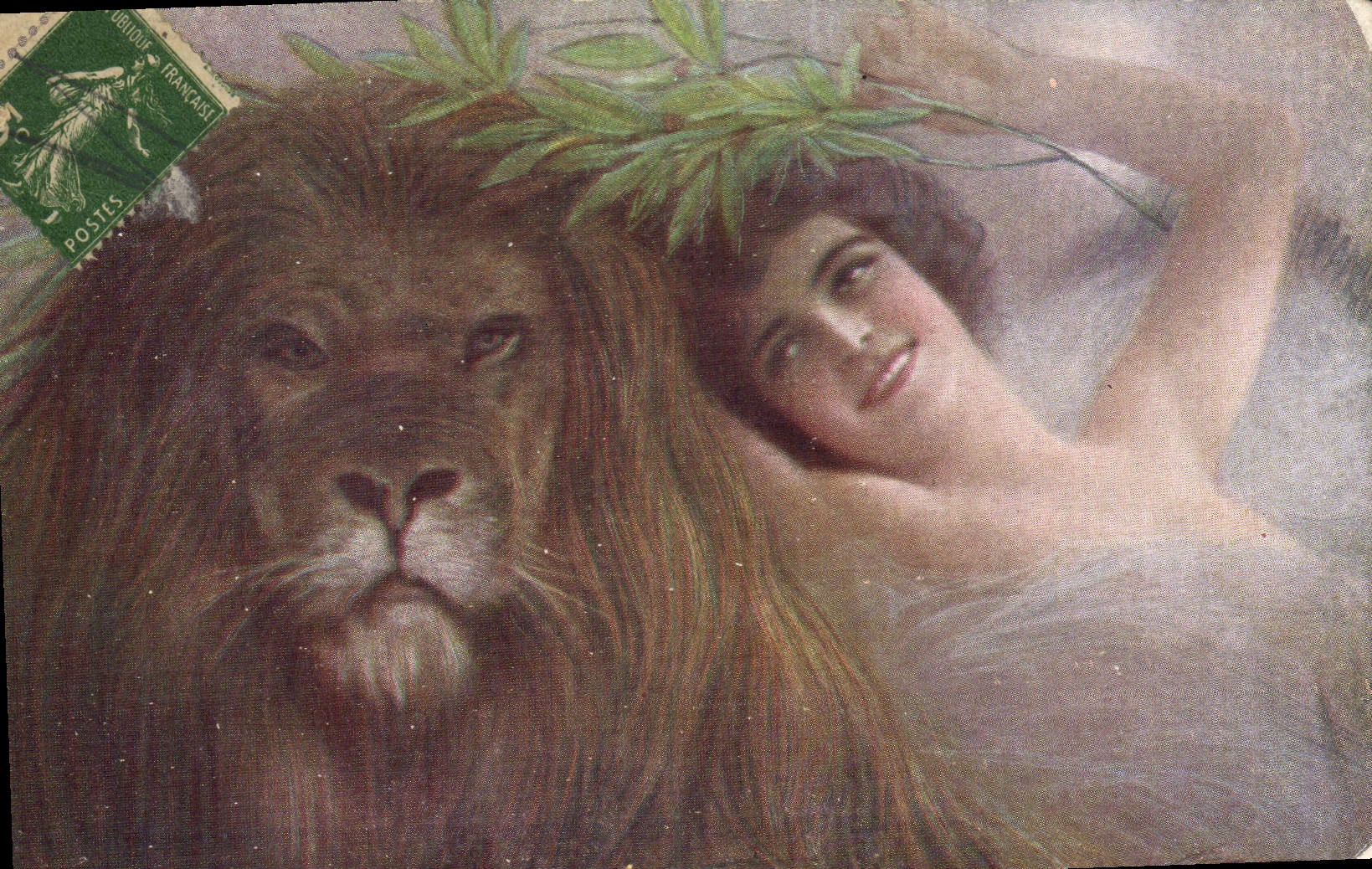 CPA Fantaisie Illustrateur Femme Lion 