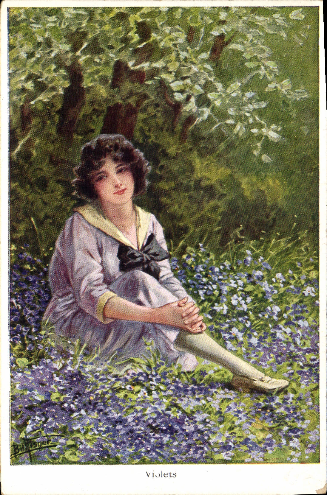 CPA Fantaisie Illustrateur Femme Violets