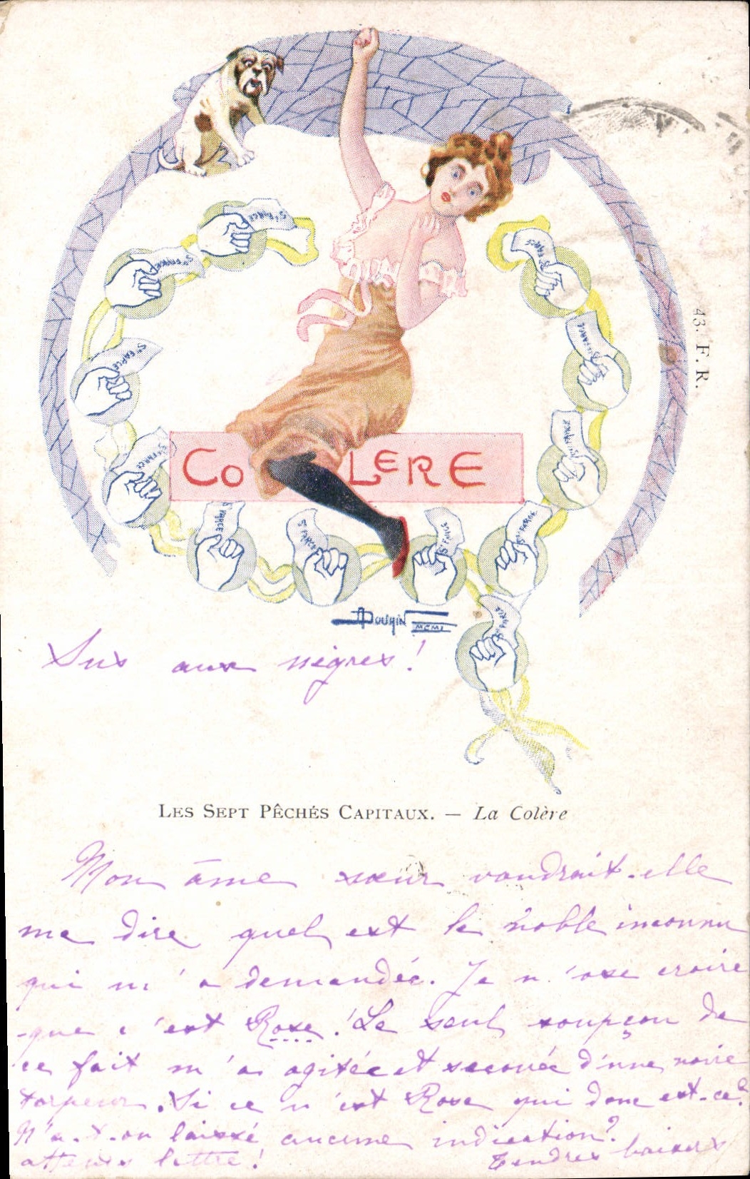 CPA Fantaisie Illustrateur Les sept peches capitaux La colere Chien Femme