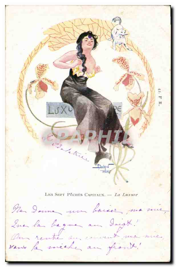 CPA Fantaisie Illustrateur Les sept peches capitaux La luxure Chat 
