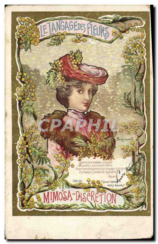 CPA Fantaisie Illustrateur Femme Langage des fleurs Mimosa