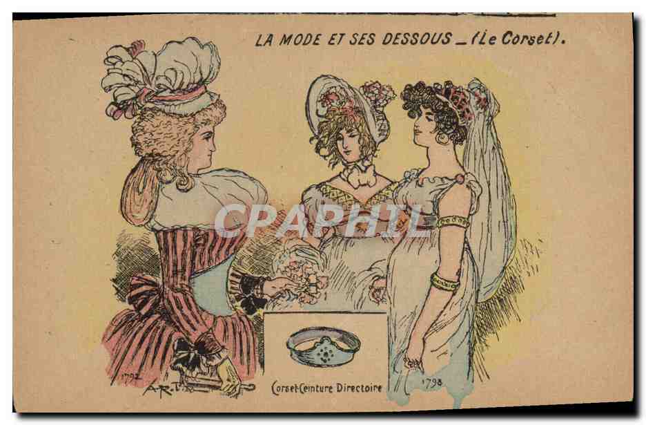 CPA Fantaisie Illustrateur La mode et ses dessous Le corset Corset Ceinture Directoire 