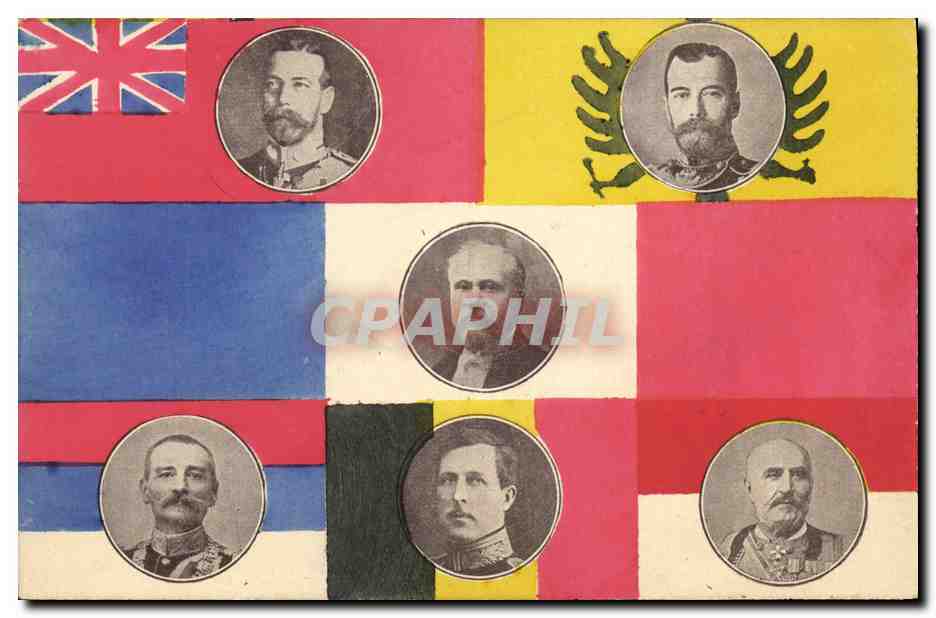 Portrait de six dirigeants militaires — sur fond de drapeaux nationaux — éditeur J.J. Paris