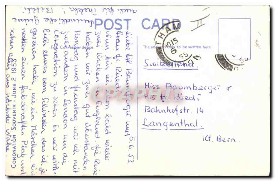 Coronation, June 2nd, 1953 — Her Majesty Queen Elizabeth II. & H.R.H. The Duke of Edinburgh — Culmer — Verso