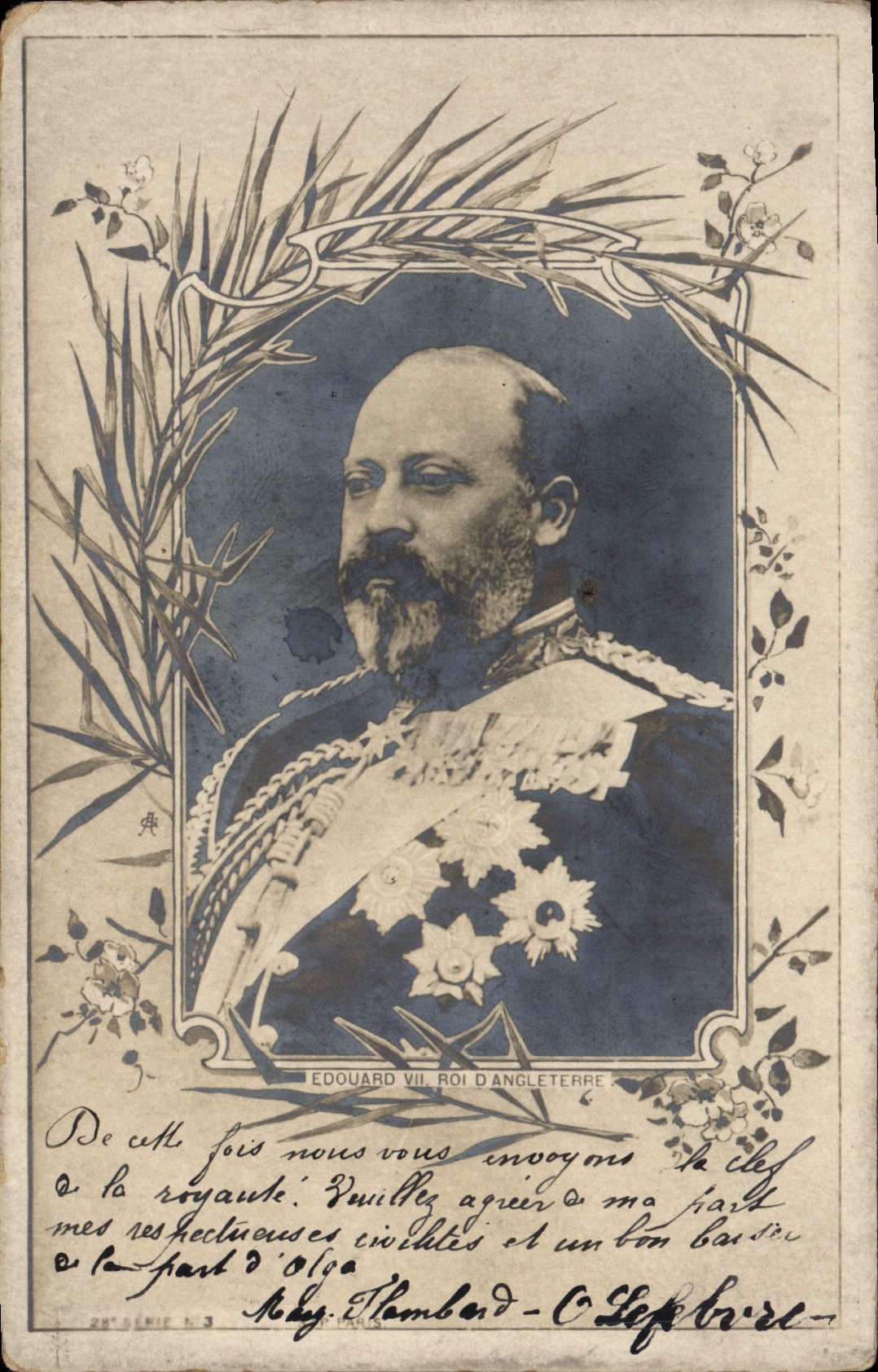 Édouard VII, Roi d'Angleterre — portrait en bleu avec cadre floral — série N.3 - Anverso