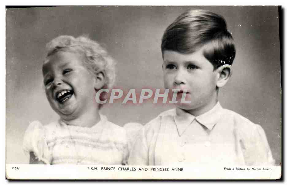 T.R.H. Prince Charles et Princess Anne — Portrait par Marcus Adams — Tuck's Post Card n°115A