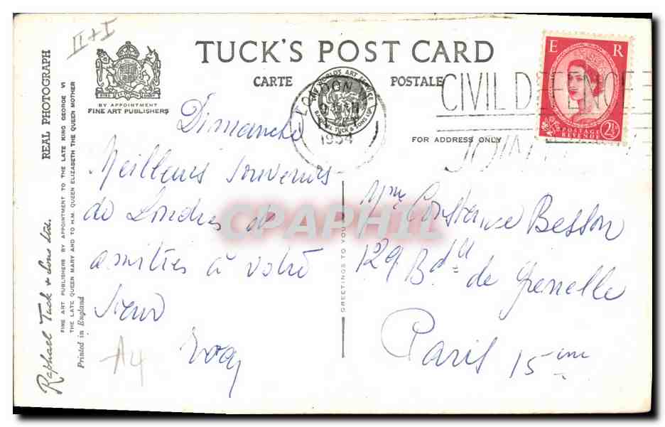 T.R.H. Prince Charles et Princess Anne — Portrait par Marcus Adams — Tuck's Post Card n°115A — Verso