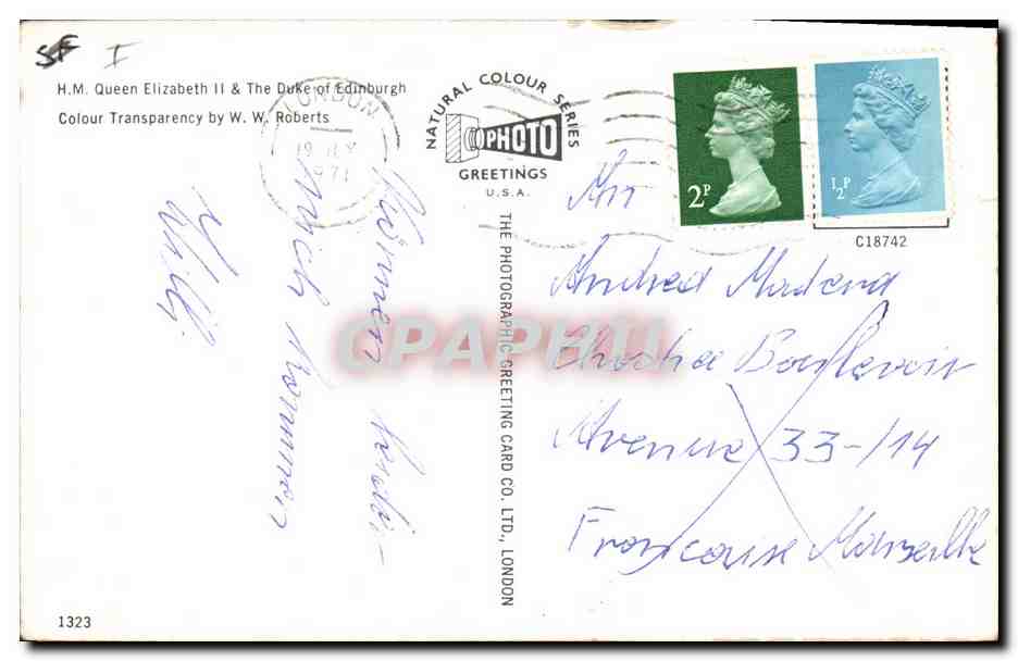 H.M. Queen Elizabeth II & The Duke of Edinburgh — Natural Colour Series — The Photographic Greeting Card Co. Ltd., London — Verso