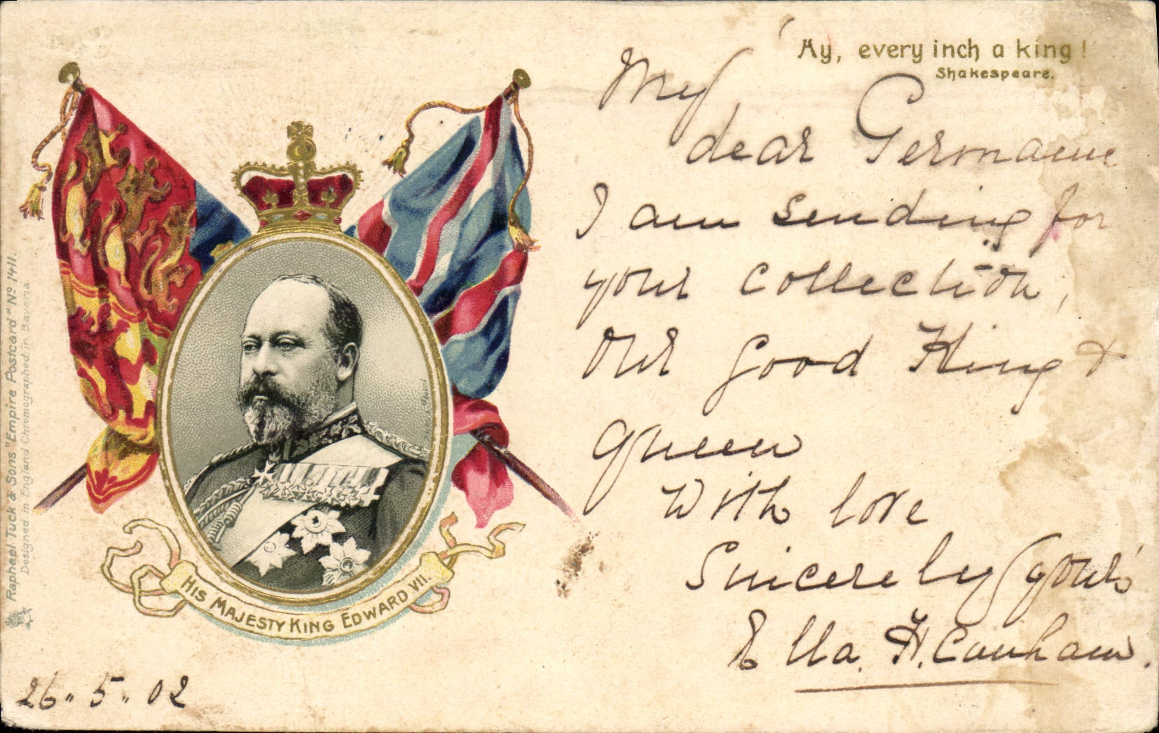 Portrait de Sa Majesté le Roi Édouard VII — Raphael Tuck & Sons Postcard 'Ne Hill' — n° de série visible
