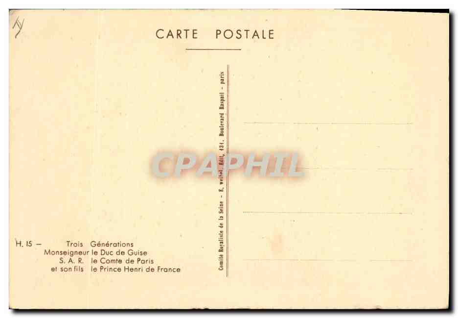 Trois Générations — Monseigneur le Duc de Guise, S.A.R. le Comte de Paris et son fils le Prince Henri de France — Comité Royaliste de la Seine, 1934 — Verso
