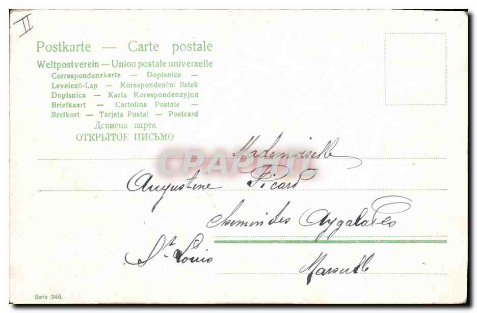 Famille avec enfants dans un jardin — scène humoristique — série 346, éditeur Union postale universelle — Rückseite