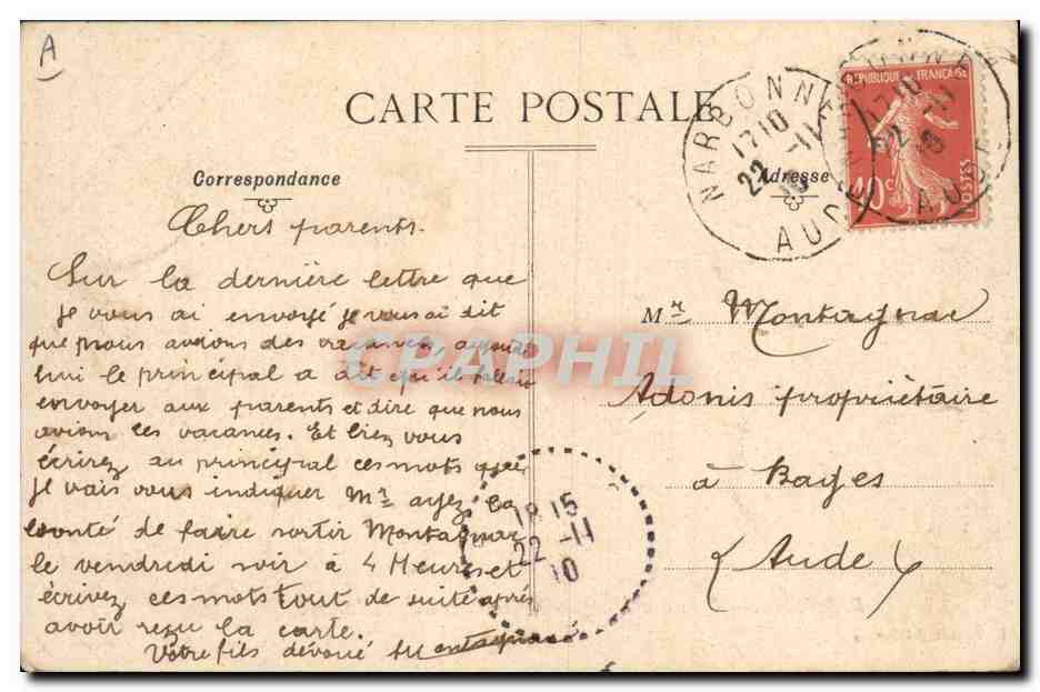 CPA Banque Caisse d'Epargne et boulevard de la Liberte Narbonne  — Rückseite