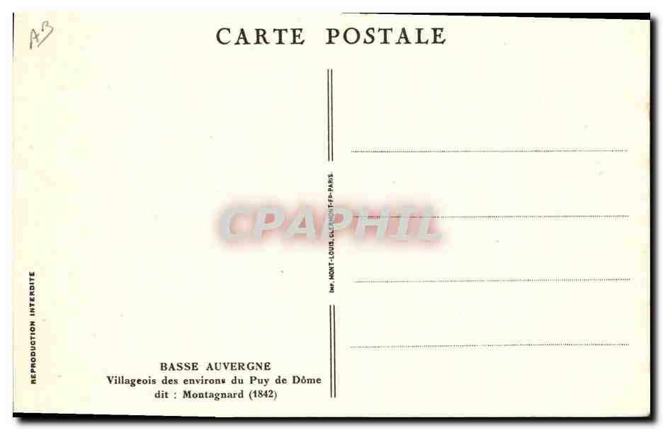 CPA Folklore Basse Auvergne Villageois des environs du Puy de Dome dit Montagnard 1842 — Verso