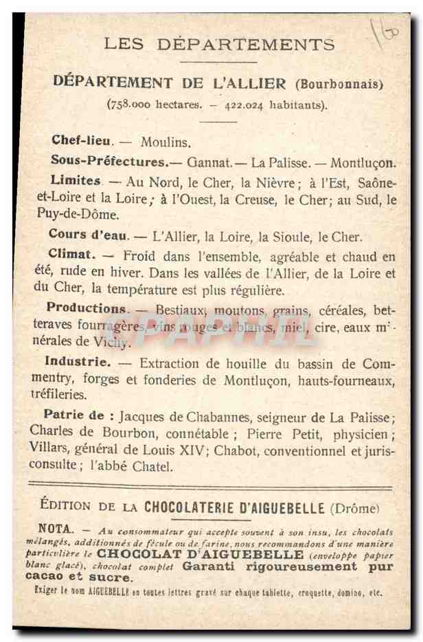 Les Départements : ALLIER — Édition de la Chocolaterie d'Aiguebelle — Rückseite