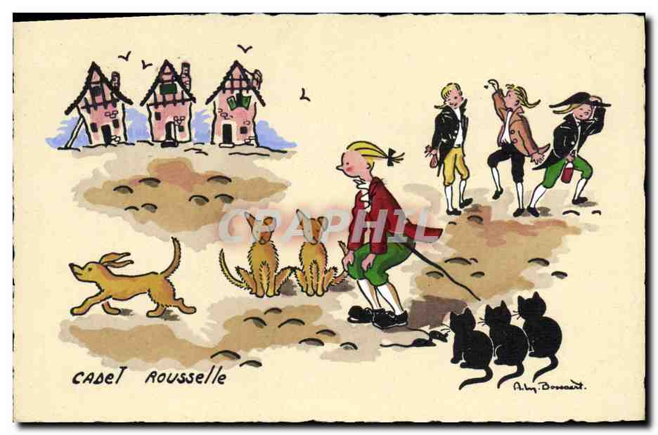 CPA Fantaisie Illustrateur Bossaert Cadet Rousselle Chien Chat 