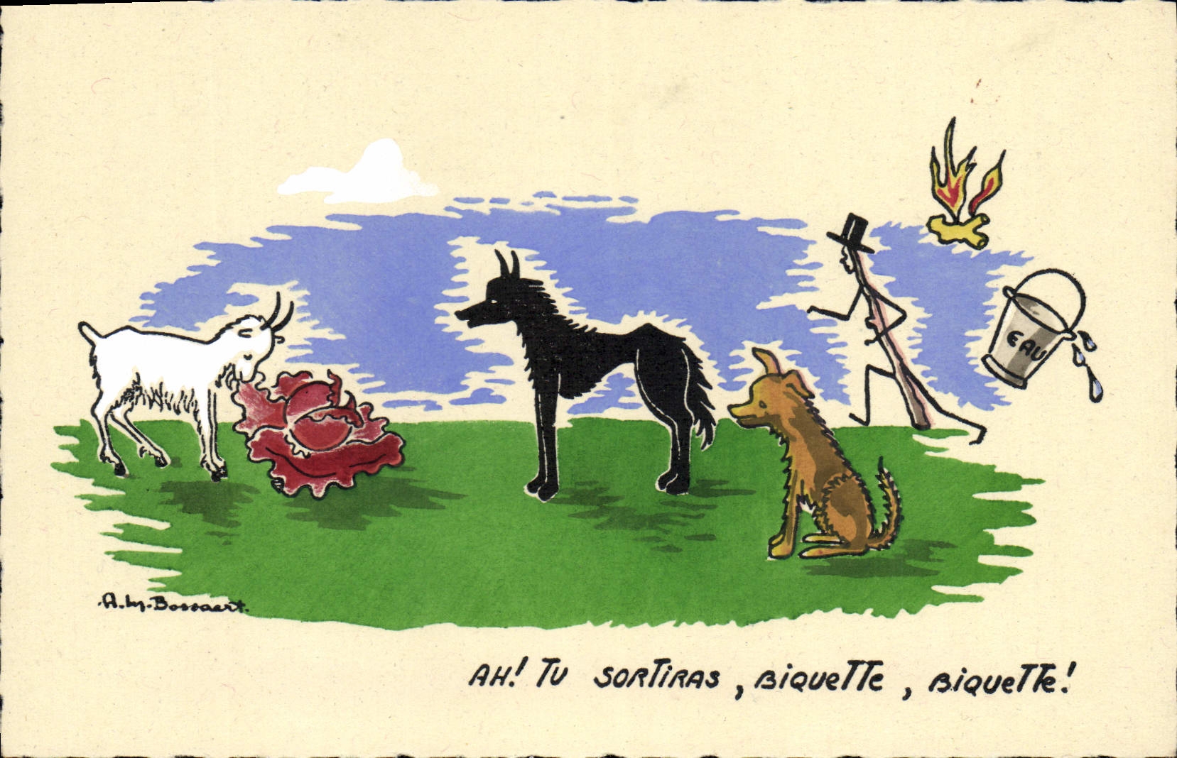 CPA Fantaisie Illustrateur Bossaert Ah tu sortiras Biquette Biquette Chevre Loup Chien 