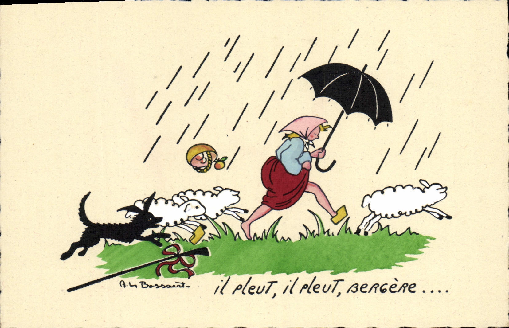 CPA Fantaisie Illustrateur Bossaert Il il pleut Bergere Moutons Chien 