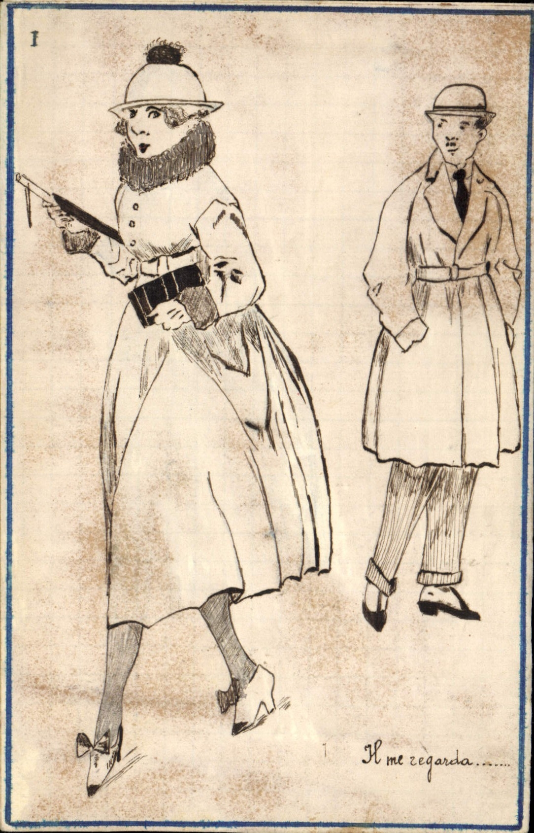 CPA Fantaisie Illustrateur (dessin a la main) Femme Il me regarde 