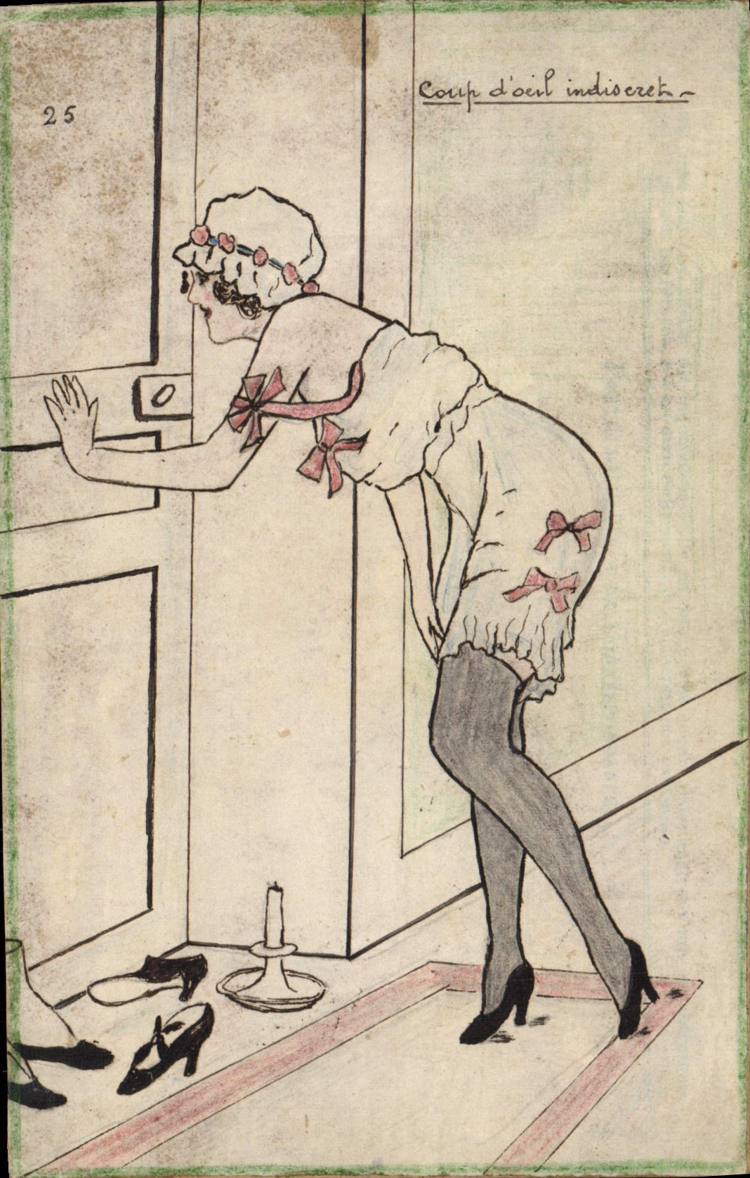 CPA Fantaisie Illustrateur (dessin a la main) Femme Coup d'oeil indiscret 