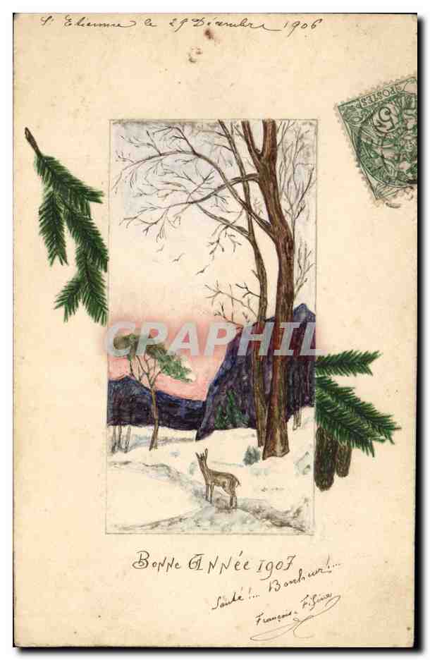 CPA Fantaisie Illustrateur (dessin a la main) Bonen annee 1907 Biche 