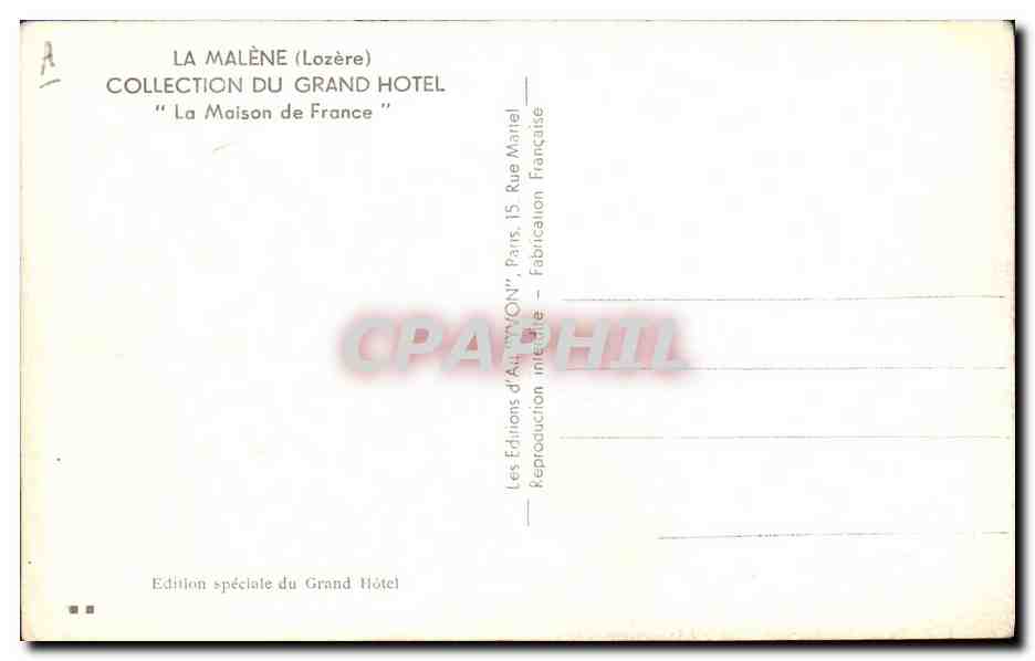 La Maison de France — Arbre généalogique des membres de la famille royale française — Édition spéciale du Grand Hôtel de La Malène (Lozère) — Verso