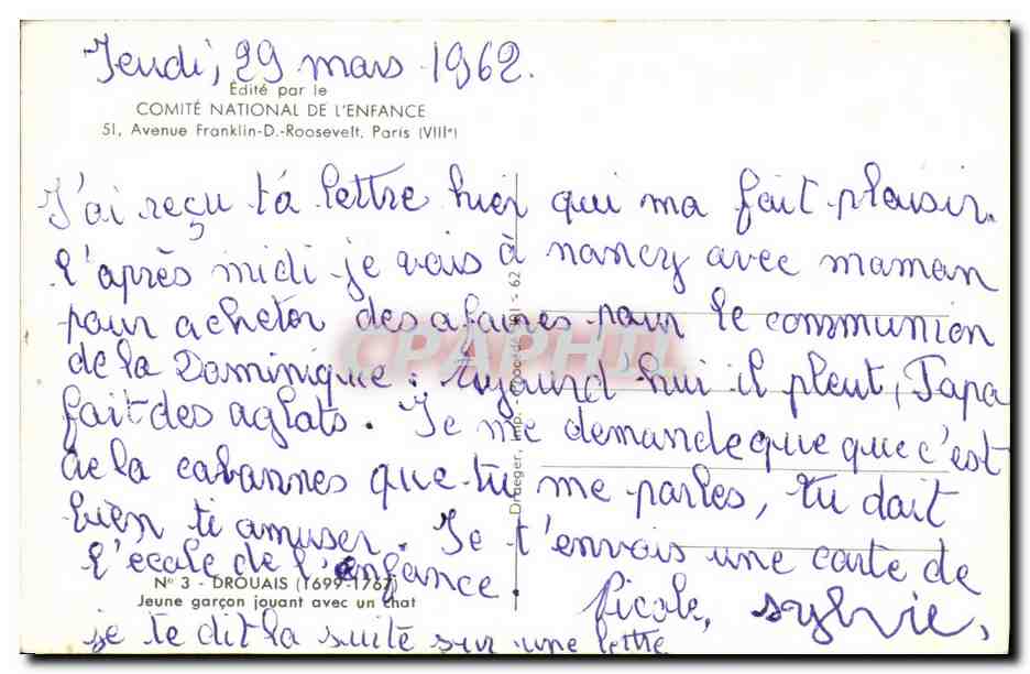 CPM Chat Chats Chaton Drouais Jeune garcon jouant avec un chat  — Rückseite