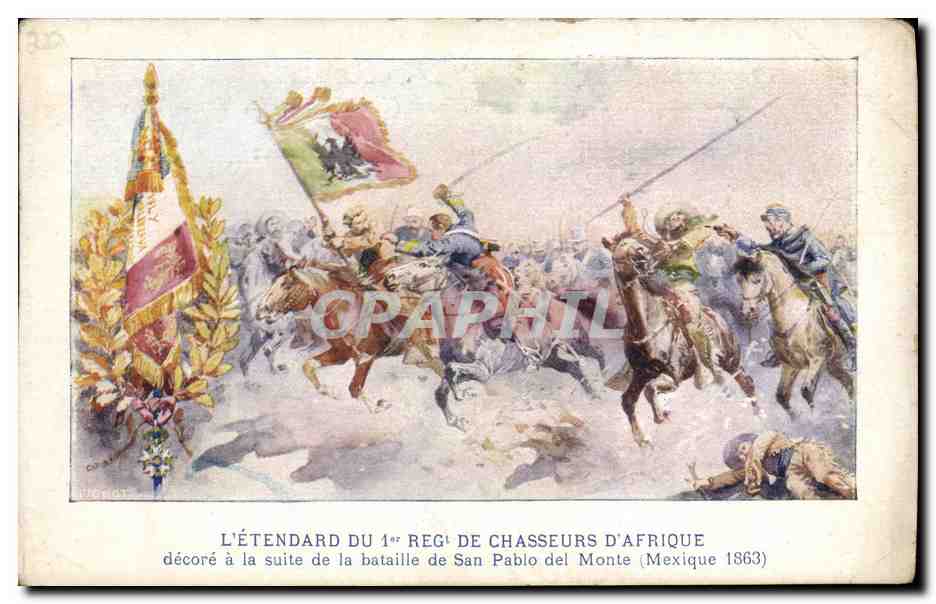 CPA Militaria L'etendard du 1er Regiment de Chasseurs d'Afrique decore a la suite de la bataille de San Pablo del Monte