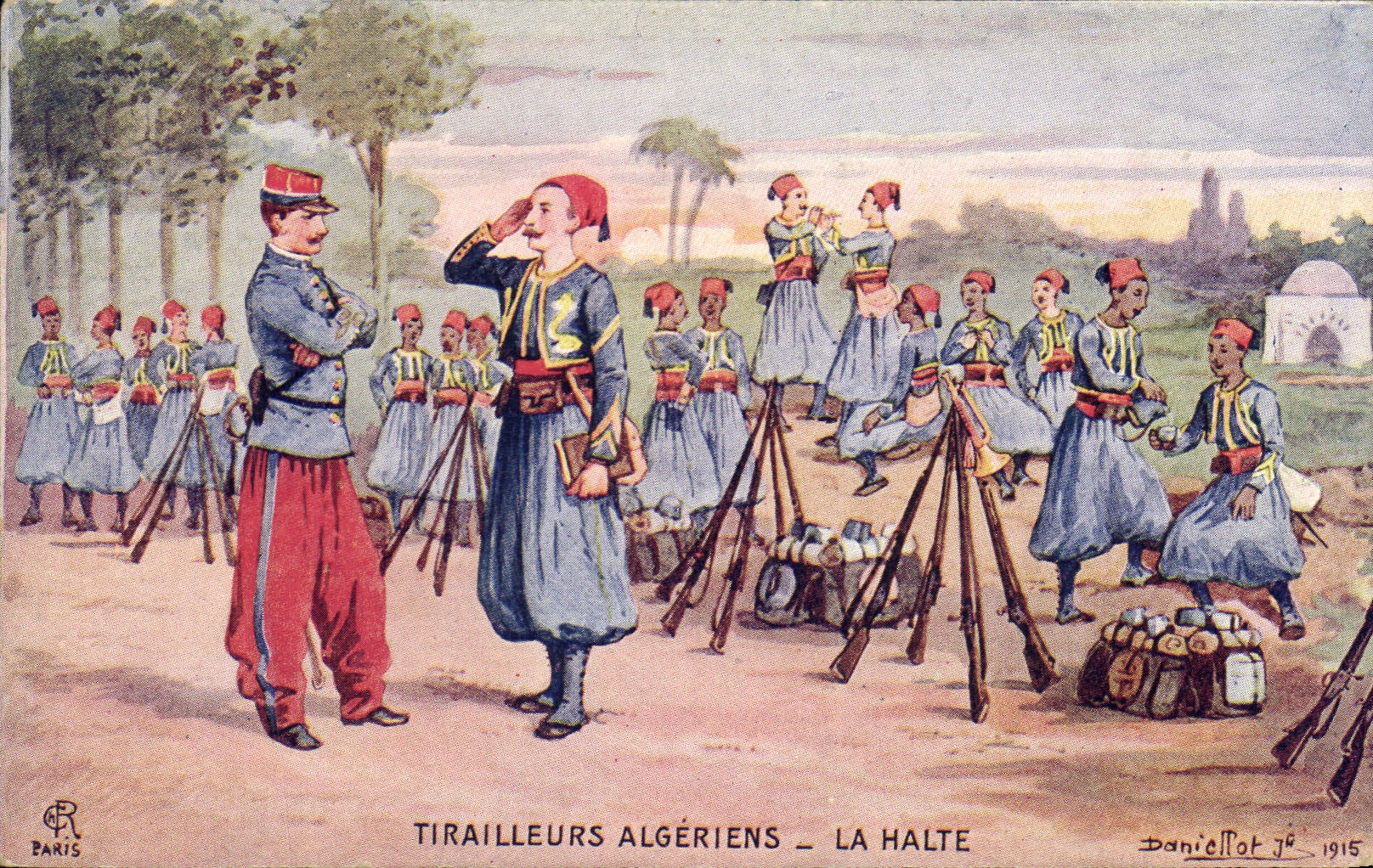 CPA Militaria Tirailleurs algeriens La halte Publicite lotion capillaire Coudray Paris Coiffeur 