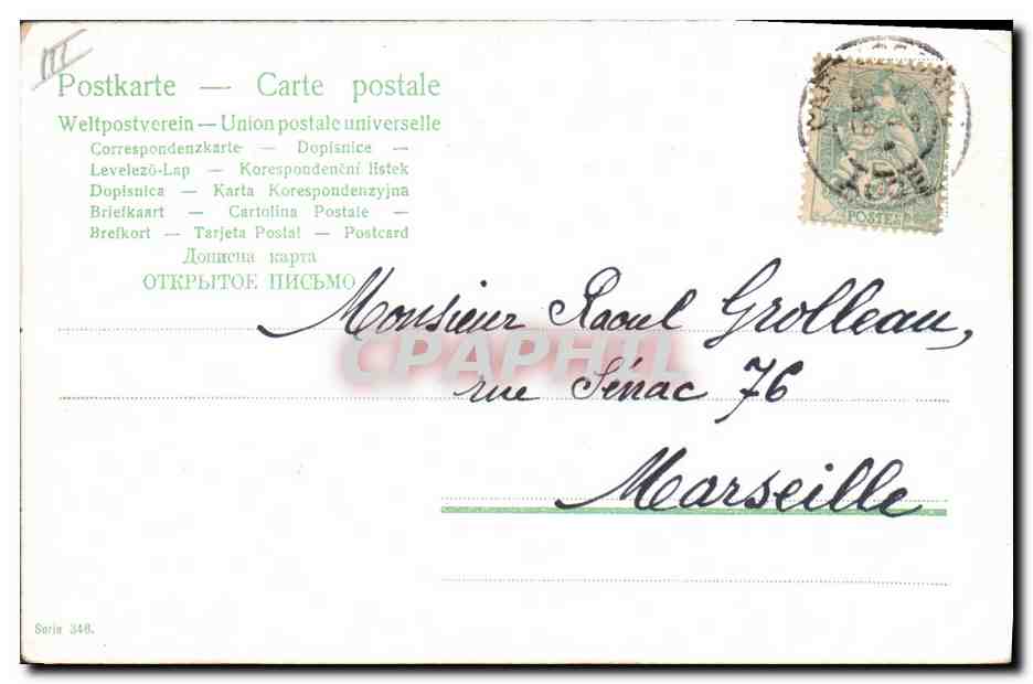 Familie in einem Kohlfeld — mit Baby-Kohl — Verlag CPAPHIL, Serie 348 — Rückseite
