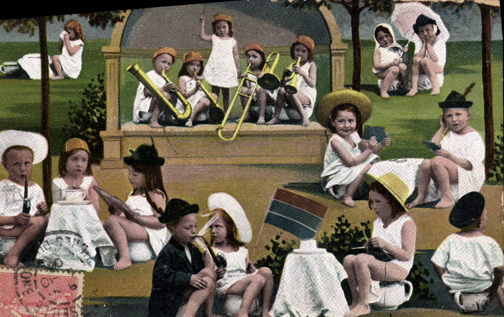 Niños que tocan instrumentos musicales — escena de jardín — editor AB, serie 407