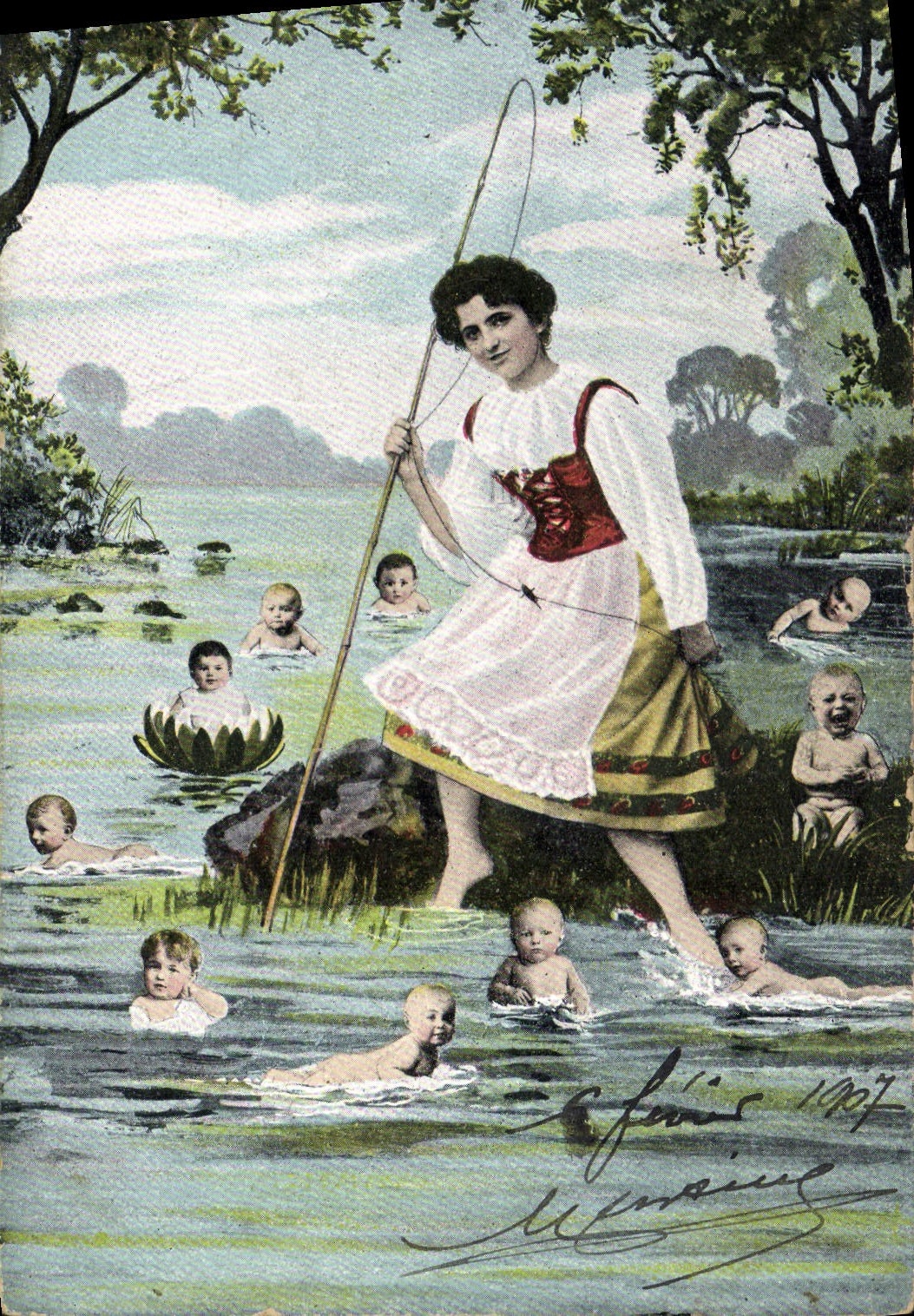 CPA Fantaisie Enfant Bebe Femme Peche 
