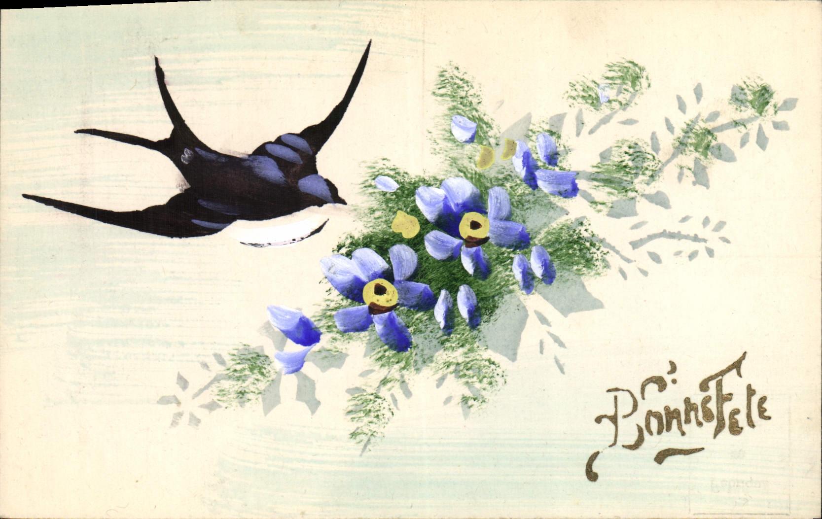CPA Dessin a la main Fleurs Hirondelle
